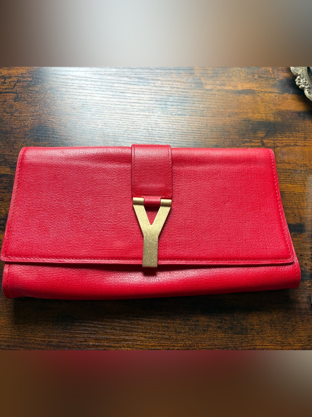 Yves Saint Laurent Red Leather Clutch with Gold Y Emblem Satin Interior Vintage